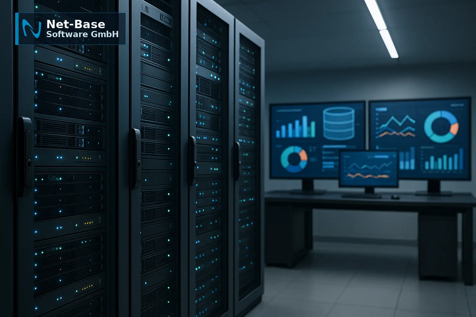 Architekturdiagramm einer Datenbank-Migrationspipeline vor Serverracks
